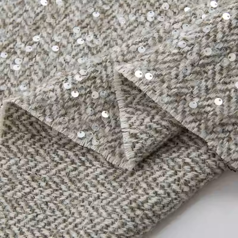 Sewing Tweed - Açık Gri Payetli İplik Boyalı Örgülü